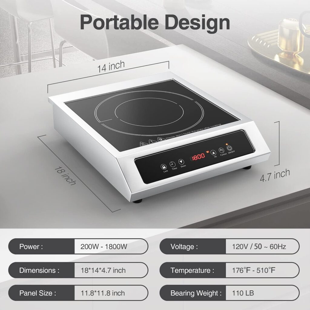 Commercial Induction Cooktop Portable 1800W,ANHANE Countertop Burner Induction Hot Plate Electric for Cooking,9 Temp Levels,3 Hours Timer,Auto-Shut-Off,Touch Panel,Child Safety Lock