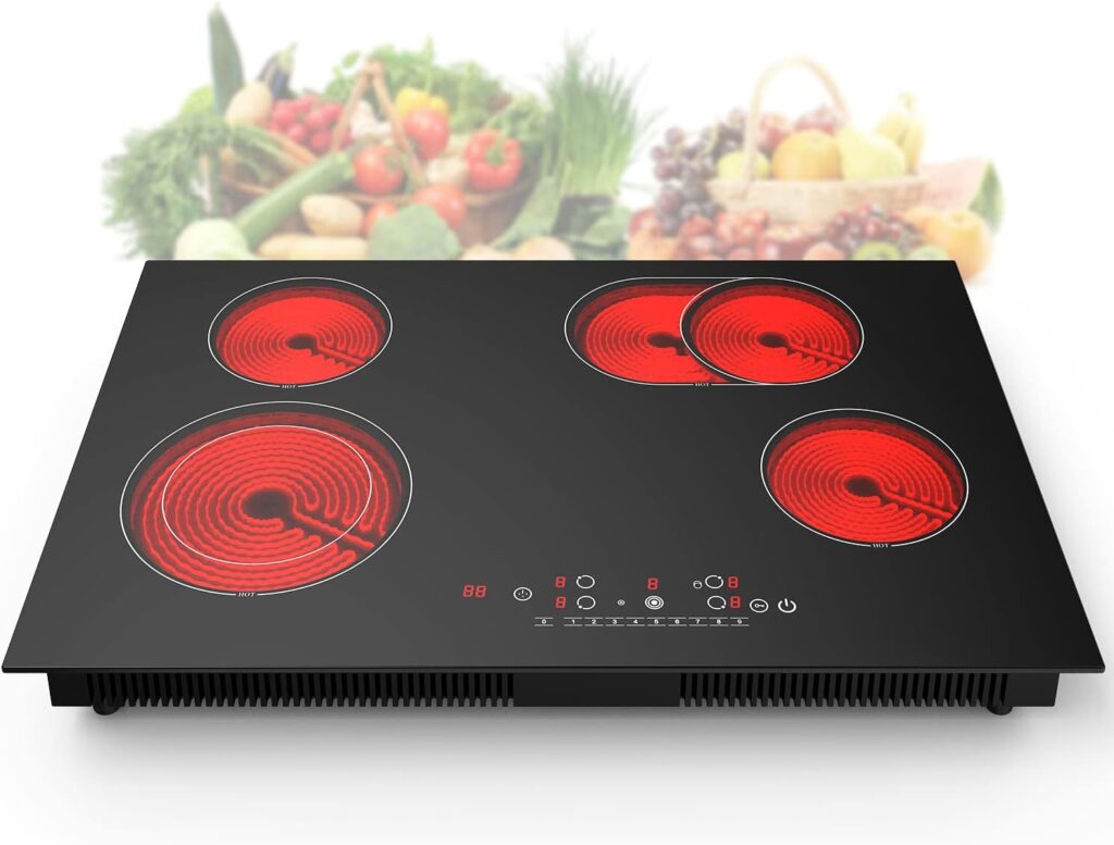 Electric Cooktop 2 Burner 24 Inch Electric Stove Top 110v Double Burner Infrared Burner Built-in 2200W, Compatible for All Cookware Multiple Power Levels with Child Safety Lock  Timer