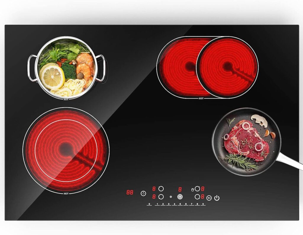 Electric Cooktop 2 Burner 24 Inch Electric Stove Top 110v Double Burner Infrared Burner Built-in 2200W, Compatible for All Cookware Multiple Power Levels with Child Safety Lock  Timer