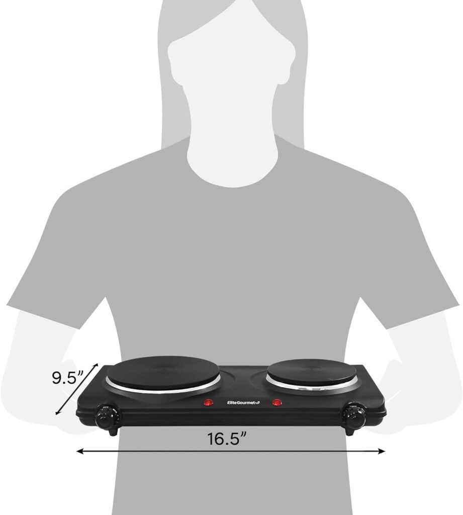 Elite Gourmet EDB-302BF Countertop Double Cast Iron Burner, 1500 Watts Electric Hot Plate, Temperature Controls, Power Indicator Lights, Easy to Clean, Black