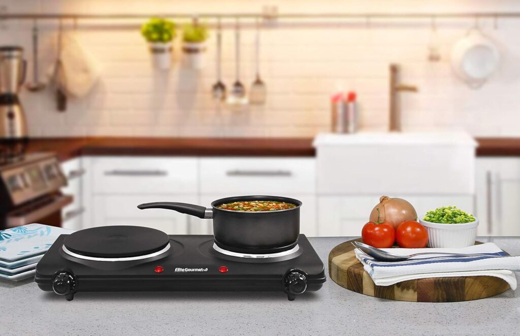 Elite Gourmet EDB-302BF# Countertop Double Cast Iron Burner, 1500 Watts Electric Hot Plate, Temperature Controls, Power Indicator Lights, Easy to Clean, Black