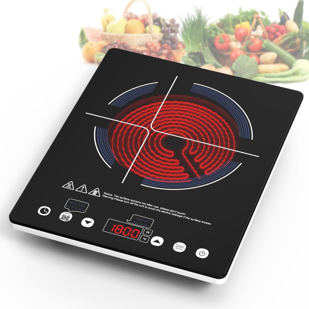 GIHETKUT Electric Cooktop Single Burner, 1800W Electric Stove Top with Touch Control, 9 Power Levels, Kids Safety Lock  Timer, Overheat Protection,110V Induction Cooktop