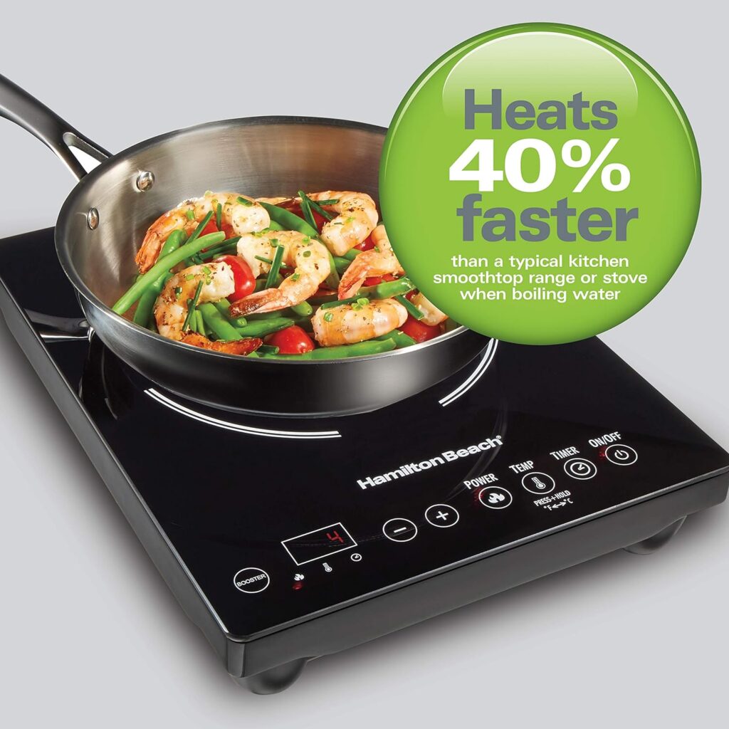 Hamilton Beach Portable Single Induction Cooktop Countertop Burner Hot Plate with Fast Heating Mode, 1800 Watts, 10 Temperature Settings up to 450F, Black (34104)