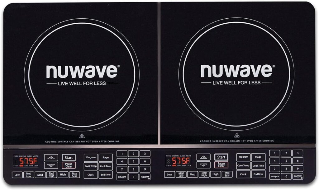 Nuwave Double Induction Cooktop, Powerful 1800W, 2 Large 8” Heating Coils, Independent Controls, 94 Temp Settings from 100°F to 575°F in 5°F Increments, 2 x 11.5” Shatter-Proof Ceramic Glass Surface