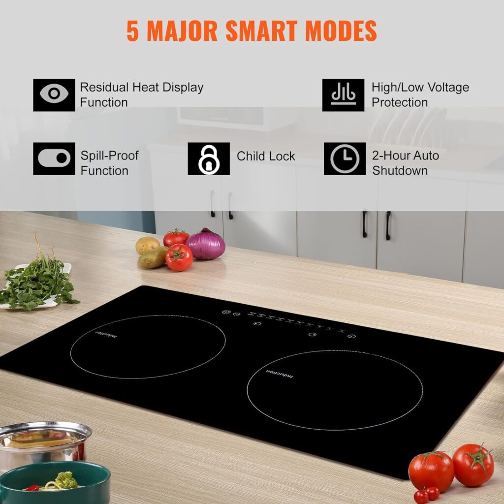 VEVOR Electric Cooktop, 2 Burners, 24 Induction Stove Top, Built-in Magnetic Cooktop 1800W, 9 Heating Level Multifunctional Burner, LED Touch Screen w/Child Lock  Over-Temperature Protection