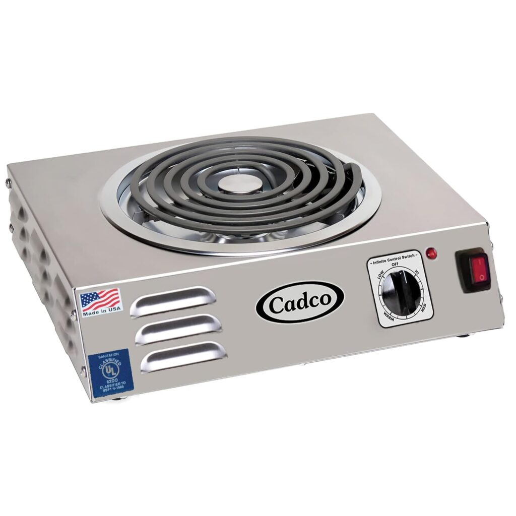 Cadco CSR-3T 14 Electric Portable Countertop Hi-Power Hot Plate with One Tubular Burner, Stainless Steel, 220 Volts