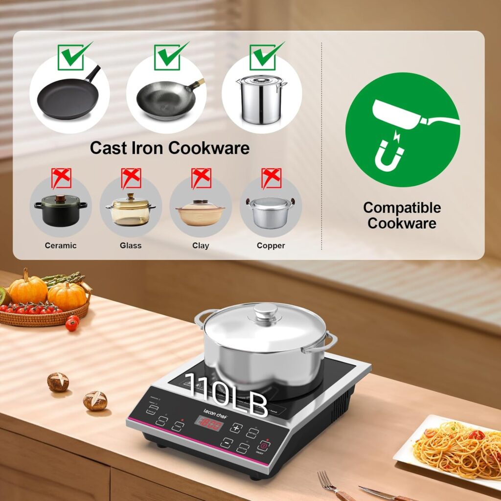 Lecon Chef Induction Cooktop 1800W Induction Burner Cooker Portable Commercial Countertop Burner Stove Stainless Steel Electric 10 PowerTemperature Levels Induction Range with 24-Hour Timer  Preset