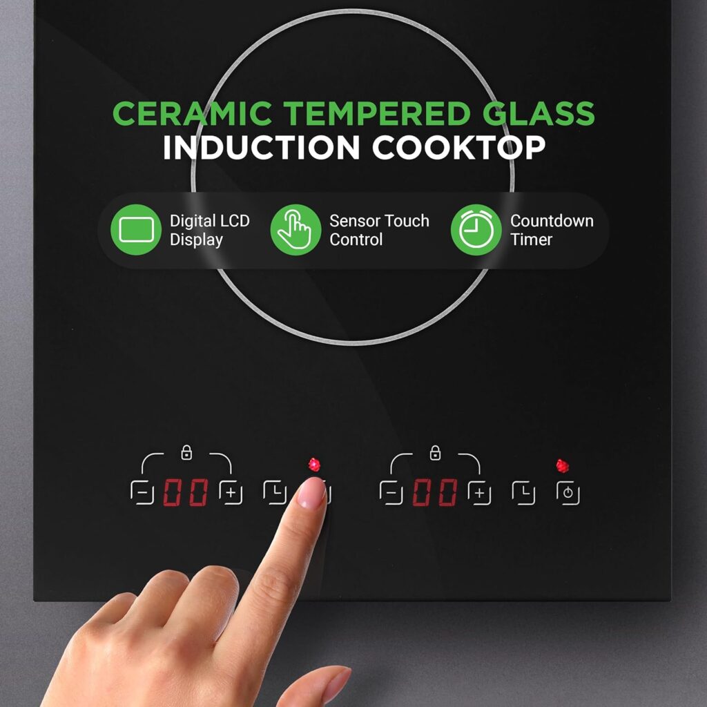 NutriChef Dual Induction Burner - Two-Burner Electric Cooktop with Digital Display and Adjustable Temperature Settings - Energy-Efficient Portable Induction Cooktop - Ideal for Simultaneous Cooking