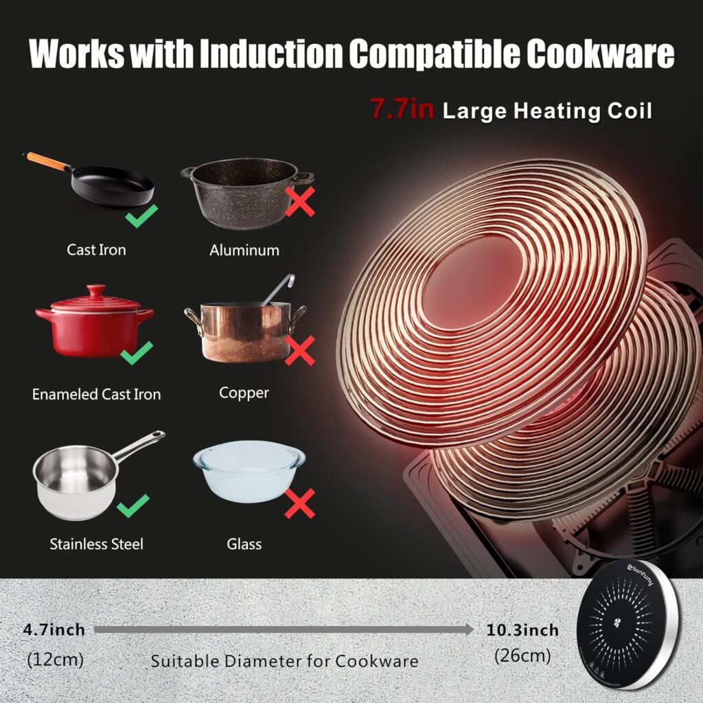 Portable Induction Cooktop, Sunfuny Small Induction Burner Electric with Precise Temp Sensor, 7 Power24 Temp Levels, Dual Timers, 1500W Electric Hot Plate Mini Stove Cooker, Single Countertop Burner