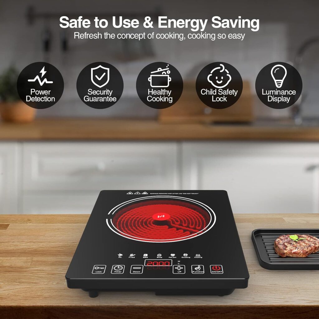 POTFYA Electric Cooktop 220V, 2000W Single Burner Electric Hot Plate with Plug 15A,8 Power Levels Electric Stove Top, Led Display, Kids Lock  Timer, Induction Cooktop for all Pans