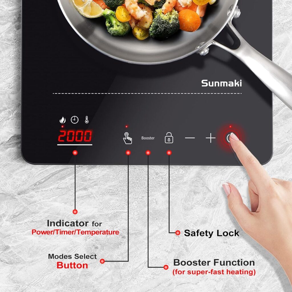 Sunmaki Induction Cooktop, Induction Hot Plate with LED Display, 1800W Countertop Burner Portable Black Crystal Glass Surface 10 Temperature 9 Power Setting 3H Timer for Cooking