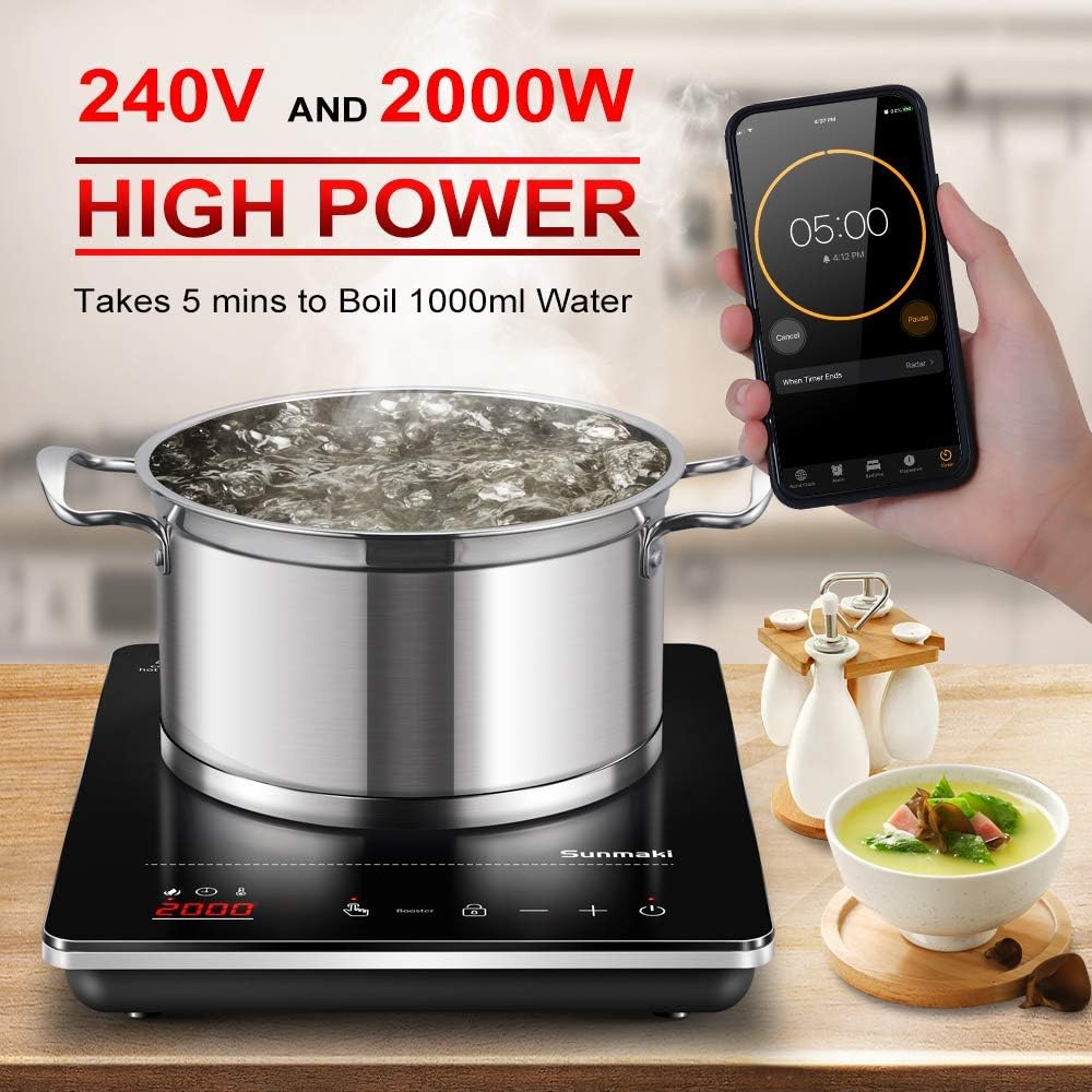 Sunmaki Induction Cooktop, Induction Hot Plate with LED Display, 1800W Countertop Burner Portable Black Crystal Glass Surface 10 Temperature 9 Power Setting 3H Timer for Cooking