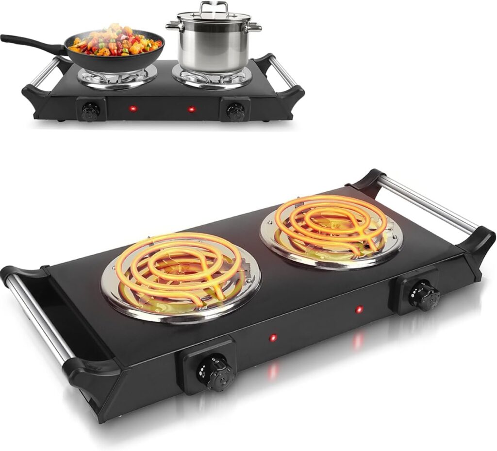 TeqHome Hot Plate, 2000W Portable Electric Double Coil Burner W/5 Level Temperature Control  Stay Cool Handles, Easy to Clean, Lightweight Cast Iron Electric Stove for Kitchen Camping Cooking, 110V