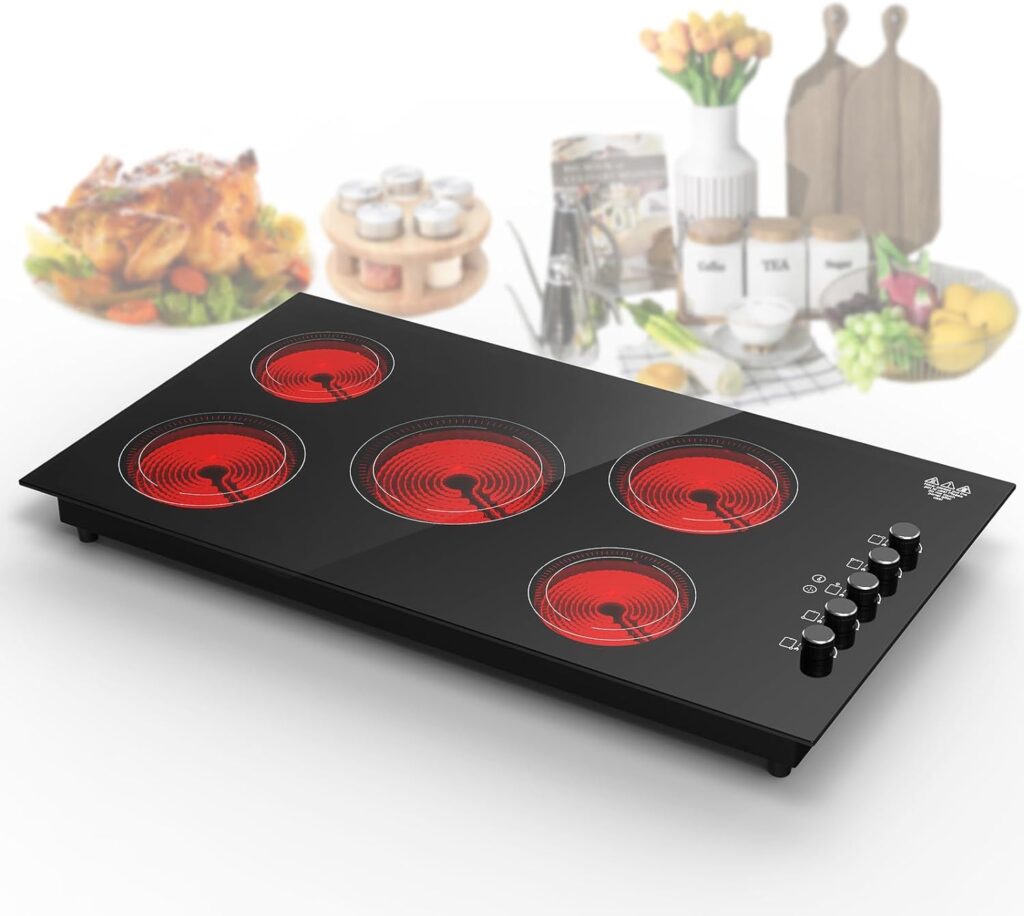 VBGK Electric Cooktop 36 Inch,Built-in Electric Stove Burner Ceramic Stove 5 Burners, 8000W Power Control by Knob, Radiant Electric Stove top with 9 Power Levels Over-Temperature Protection 220V-240